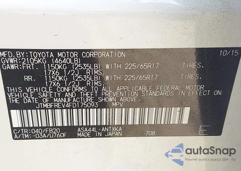 2015 Toyota Rav4 Le z USA, uszkodzony, nr VIN JTMBFREV4FD175093